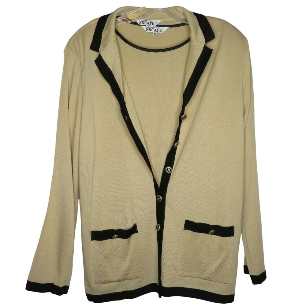 Vintage 70s Escape 2 Piece Cardigan Twin Sweater Set M Beige Black Notch Collar